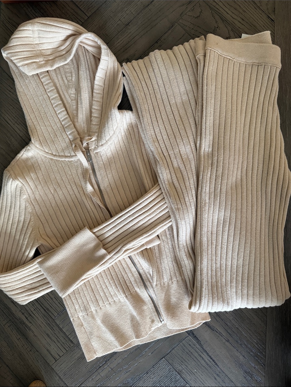 aerie late night Ribbed Hoodie and Pants Set in Cream